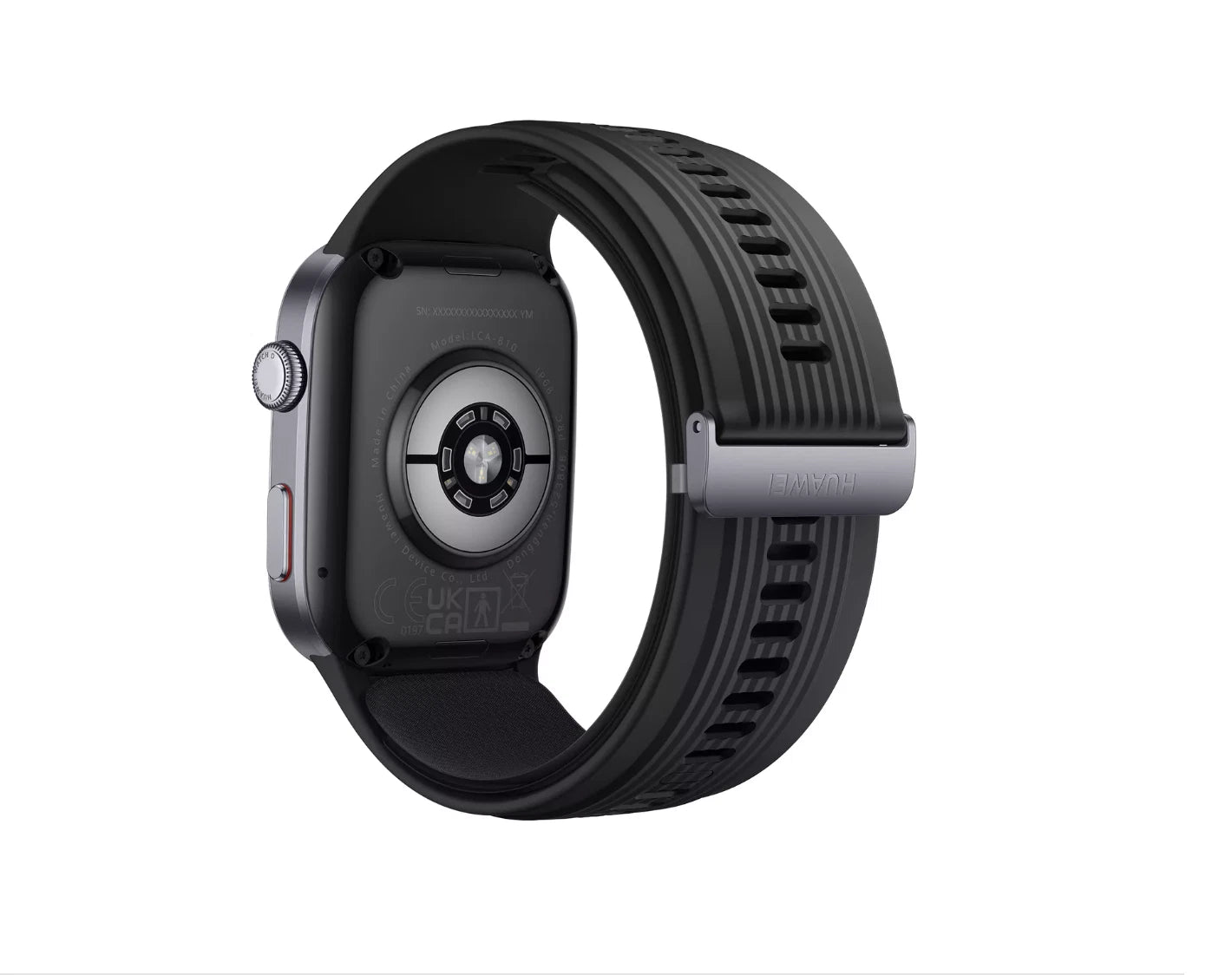 Huawei Watch D2 smartwatch in black, rear view showing health monitoring sensors.