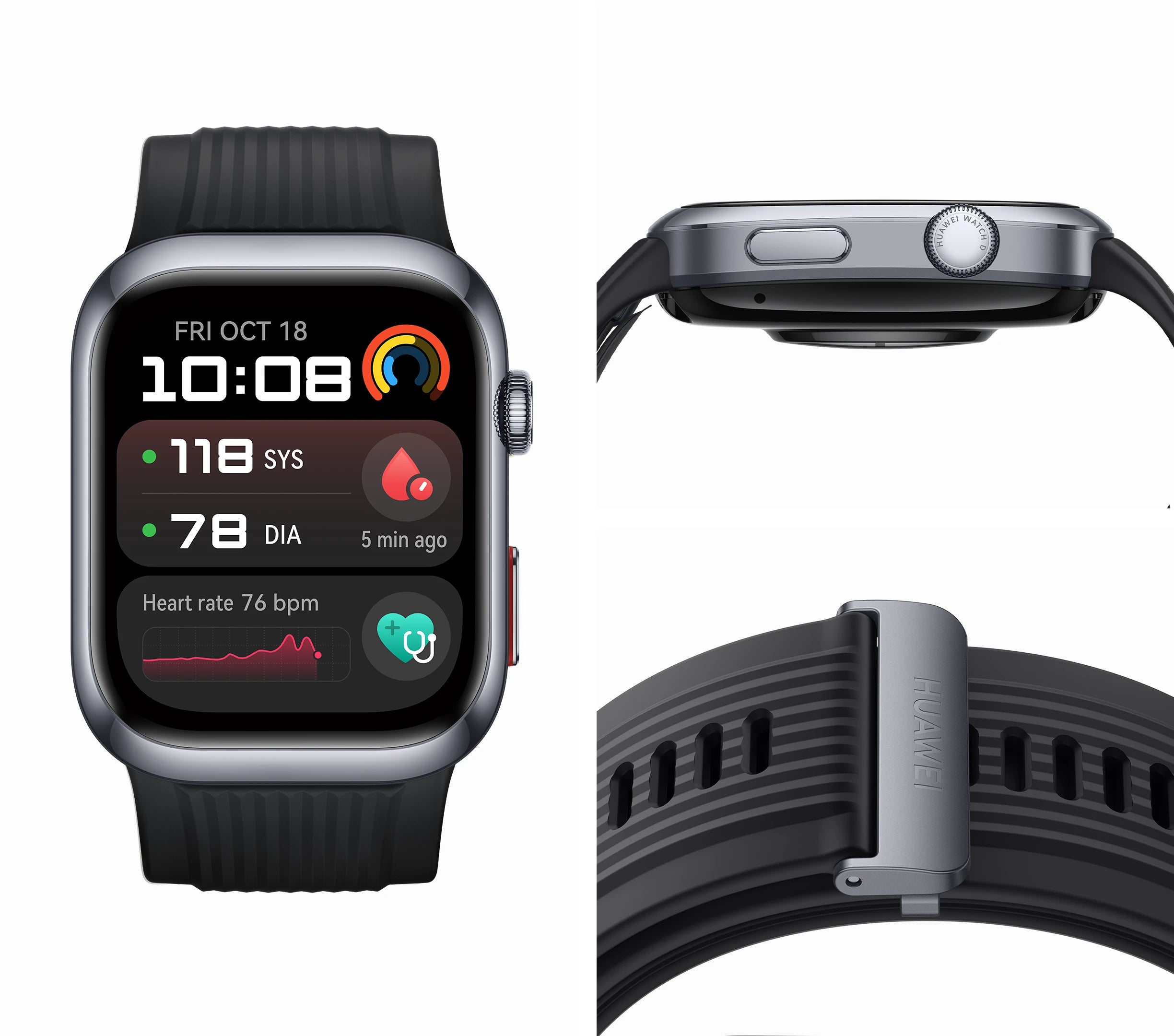 Huawei Watch D2 smartwatch in black, side profile showing crown button and strap.