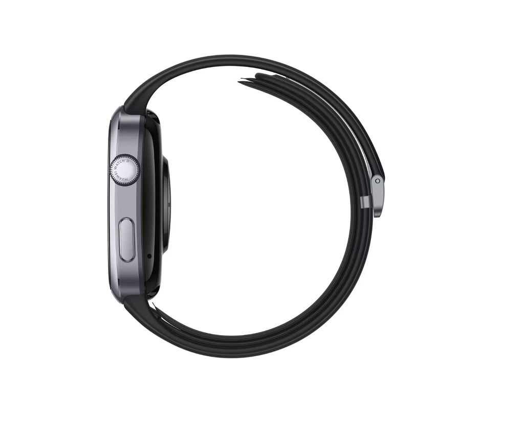 Huawei Watch D2 smartwatch in black, thin side view with strap and casing.