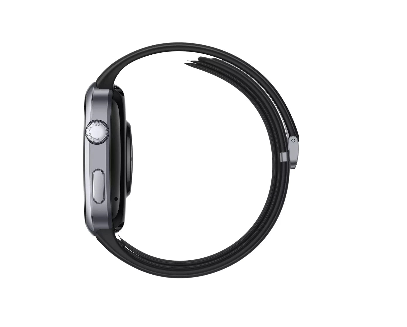 Huawei Watch D2 smartwatch in black, thin side view with strap and casing.