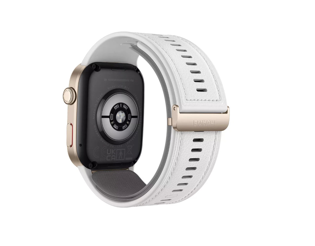 Huawei Watch D2 smartwatch in white, rear view with fitness tracking sensors.