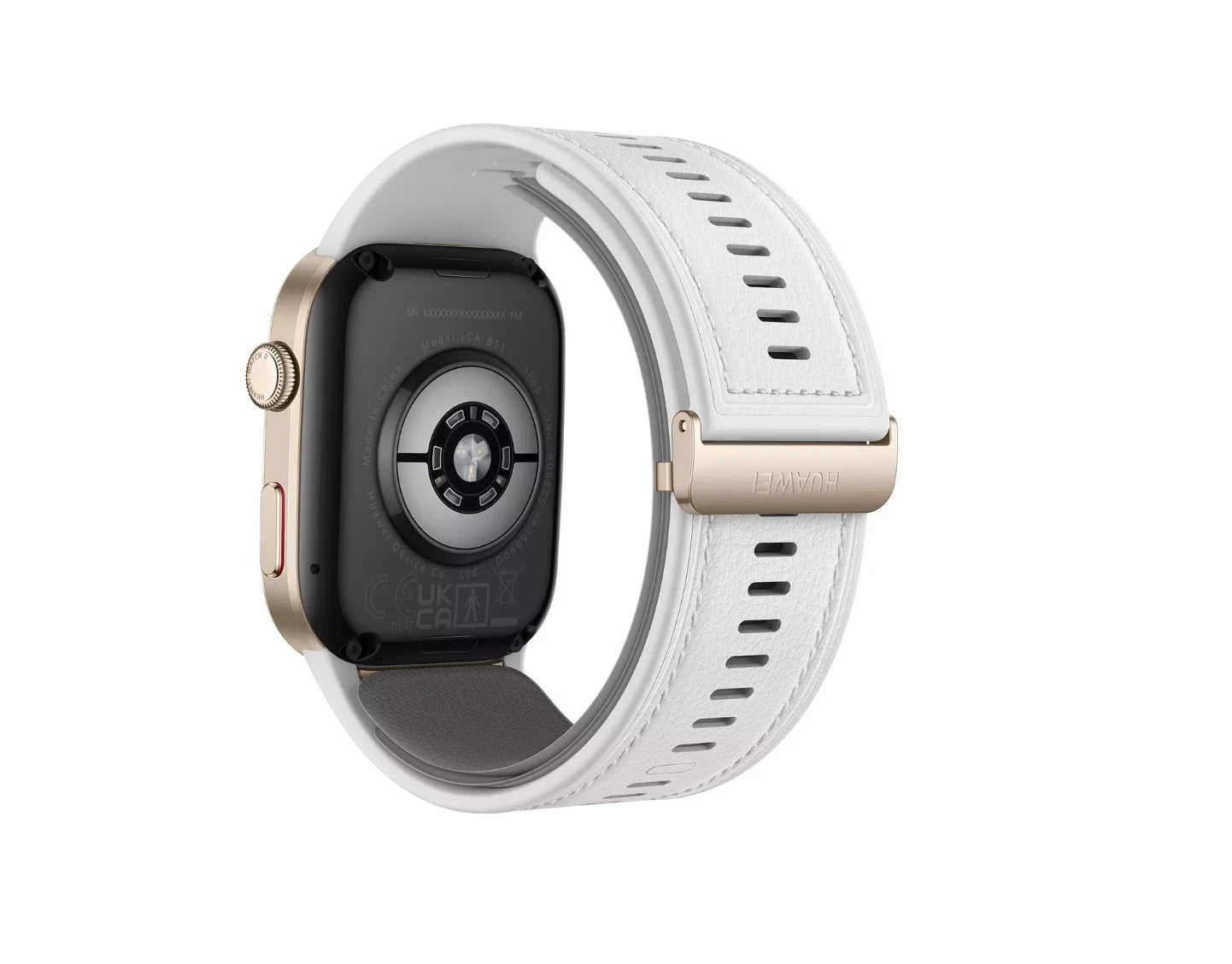 Huawei Watch D2 smartwatch in white, rear view with fitness tracking sensors.