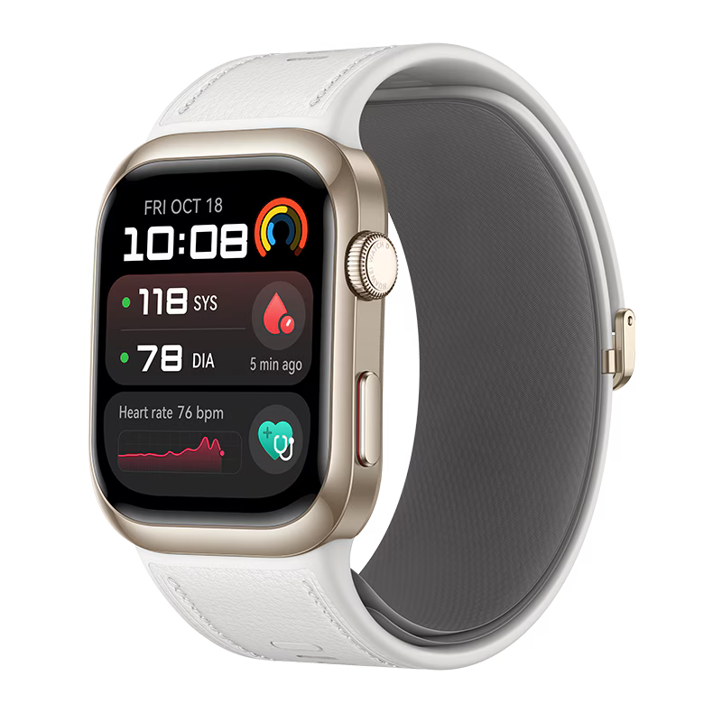 Huawei Watch D2 smartwatch in white, front view with AMOLED display and fitness metrics.