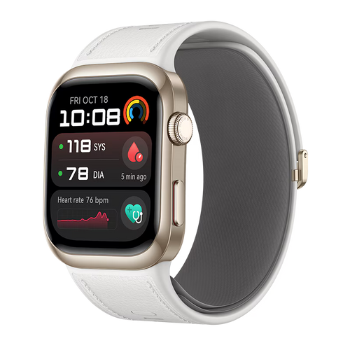 Huawei Watch D2 smartwatch in white, front view with AMOLED display and fitness metrics.