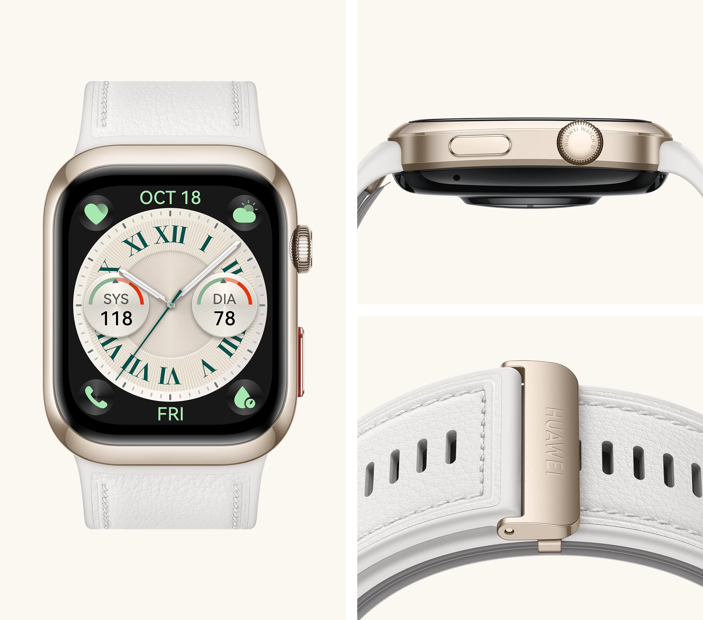 Huawei Watch D2 smartwatch in white, slim side profile with crown button.