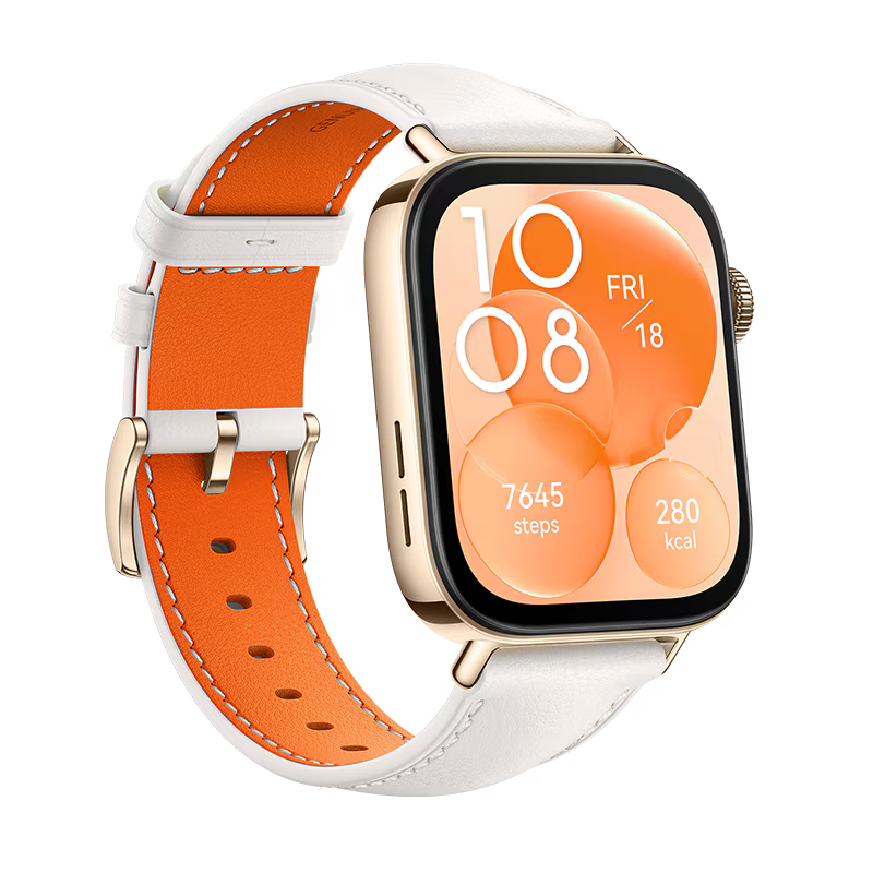 Huawei Watch Fit 3 smartwatch in white and orange strap, angled front view.