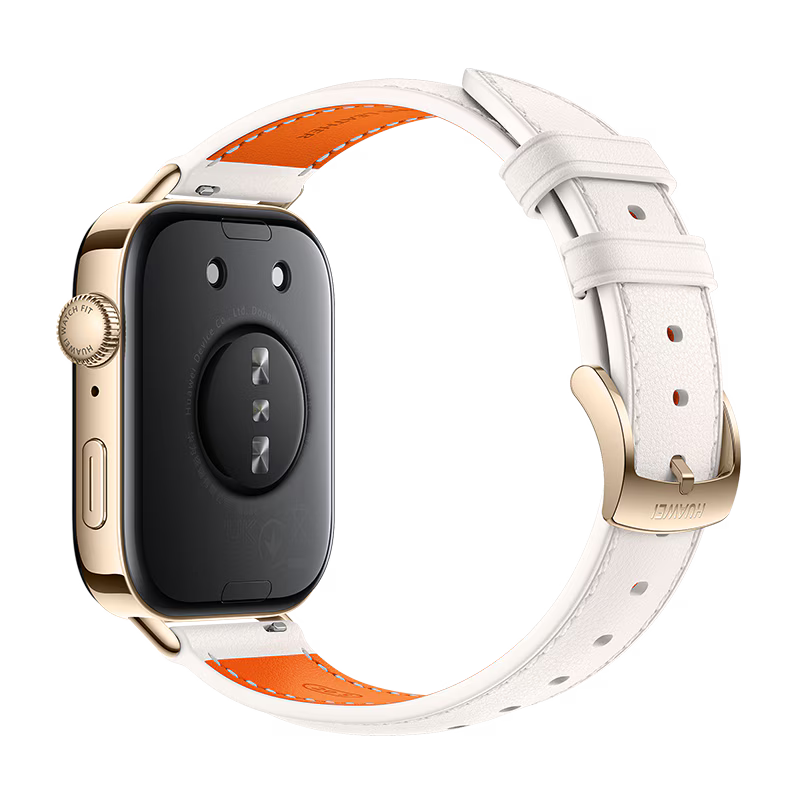 Huawei Watch Fit 3 smartwatch in white with orange strap, rear view showing sensors.