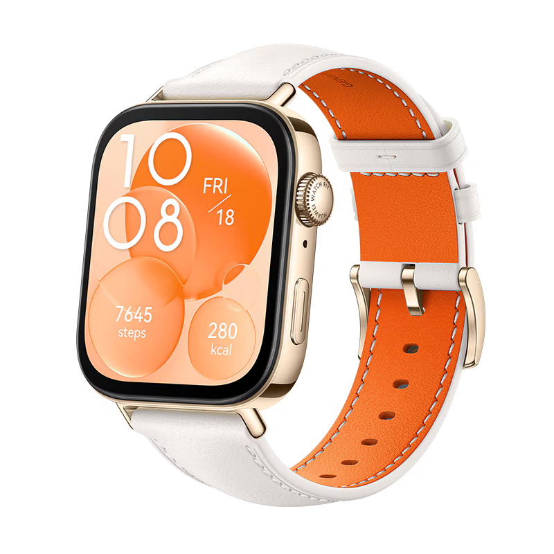 Huawei Watch Fit 3 smartwatch in white with AMOLED display, two angled views.