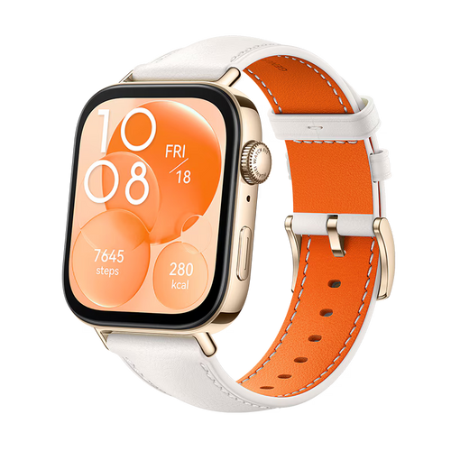 Huawei Watch Fit 3 smartwatch in white with AMOLED display, two angled views.