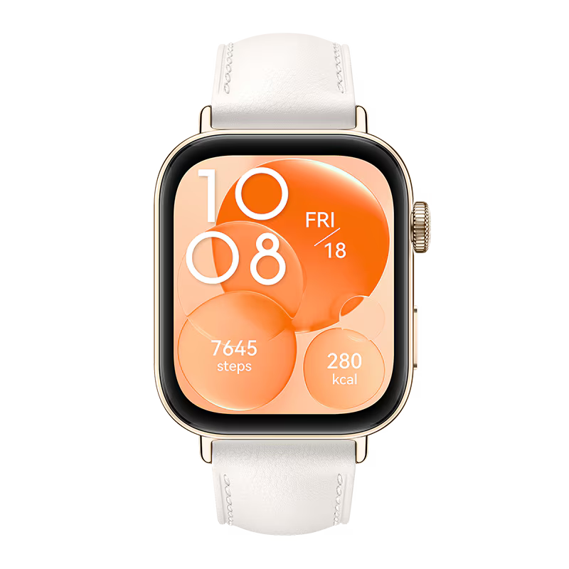 Huawei Watch Fit 3 smartwatch in white with AMOLED display, front view.