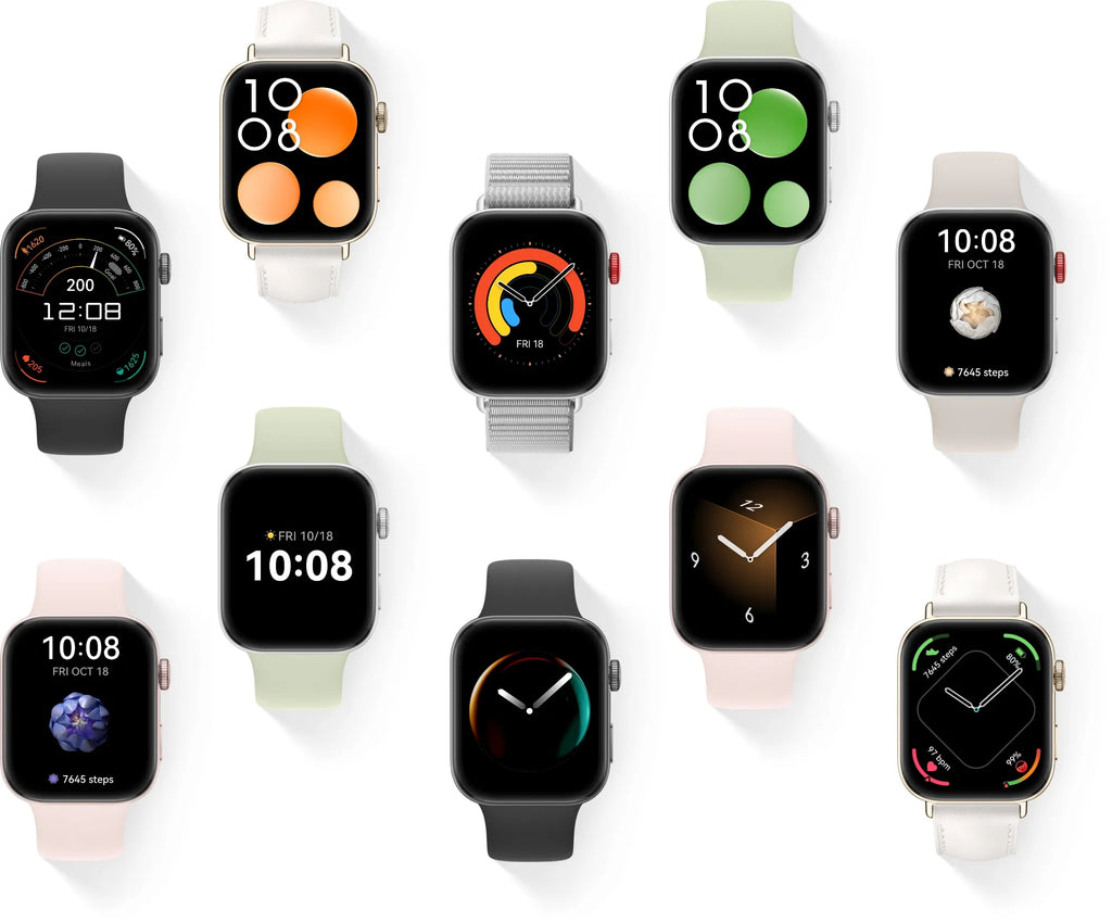Huawei Watch Fit 3 smartwatch lineup showing multiple watch faces on screen.