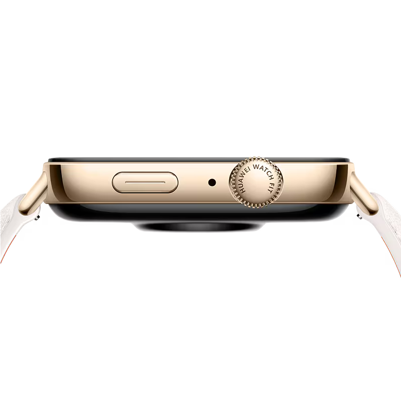 Huawei Watch Fit 3 smartwatch in gold case, slim side profile with crown button.