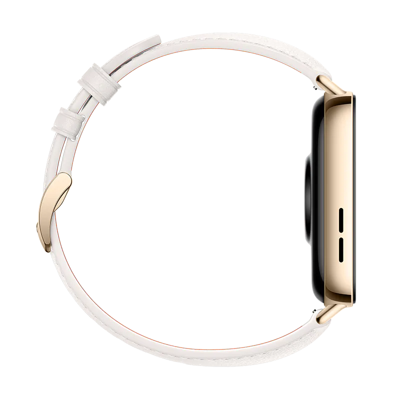 Huawei Watch Fit 3 smartwatch in white strap and gold case, slim side view.
