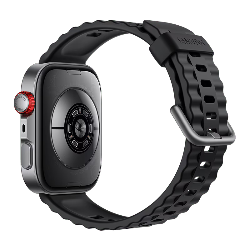 Huawei Watch Fit 4 Pro smartwatch in black, rear view showing sensors.