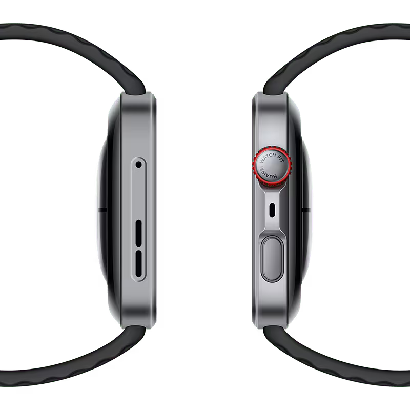 Huawei Watch Fit 4 Pro smartwatch in black, side profile showing crown button.