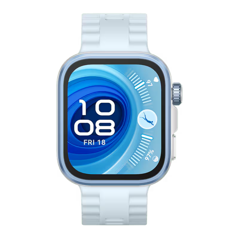 Huawei Watch Fit 4 Pro smartwatch in blue, front view with AMOLED display.