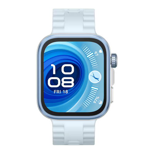 Huawei Watch Fit 4 Pro smartwatch in blue, front view with AMOLED display.