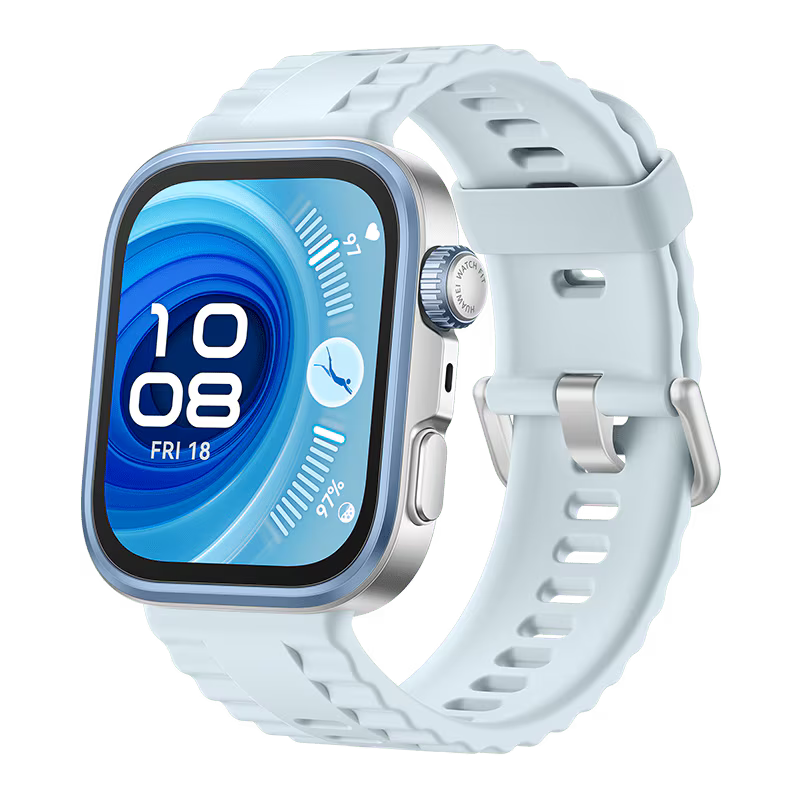 Smartwatch with a light blue strap on a transparent background