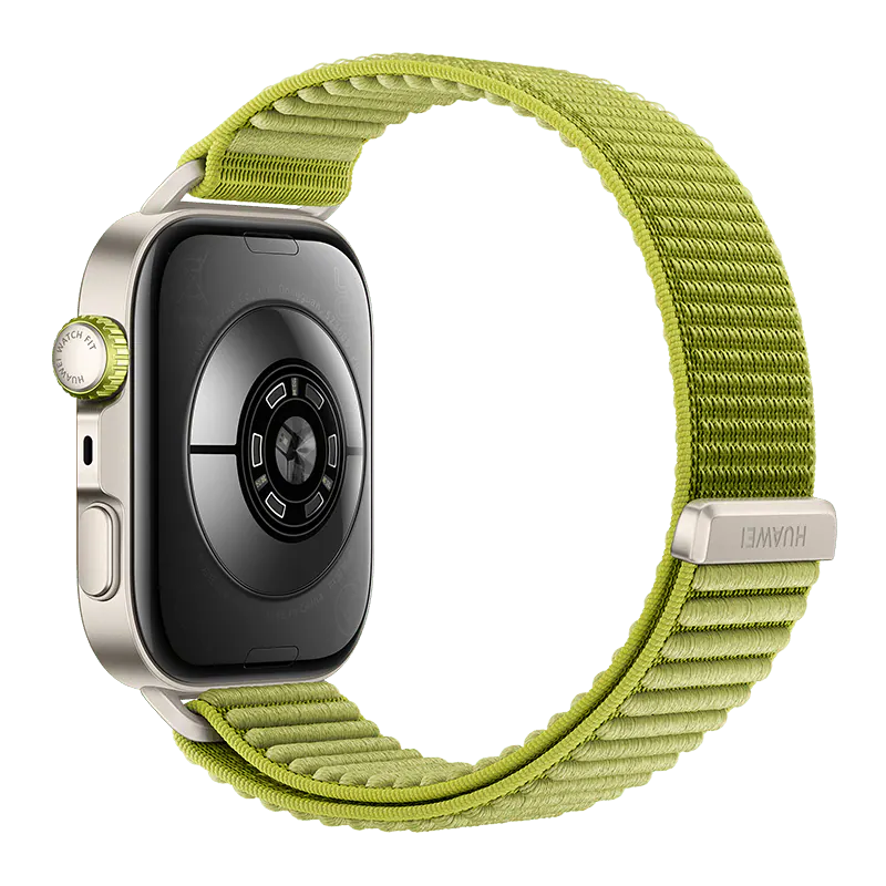 Huawei Watch Fit 4 Pro smartwatch in green, rear view with sensors.