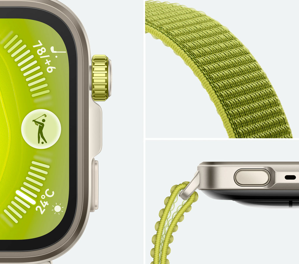 Huawei Watch Fit 4 Pro smartwatch in green, close-up of screen and strap.