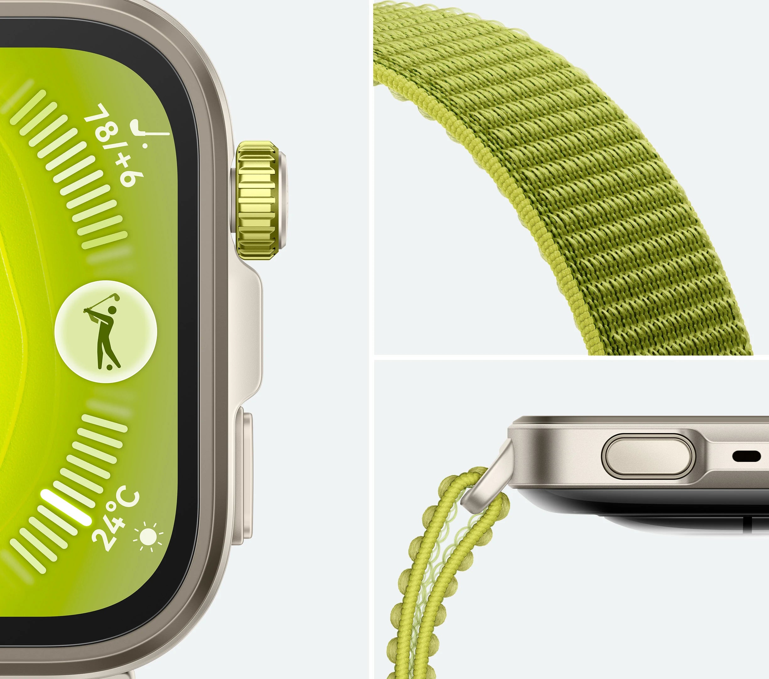 Huawei Watch Fit 4 Pro smartwatch in green, close-up of screen and strap.