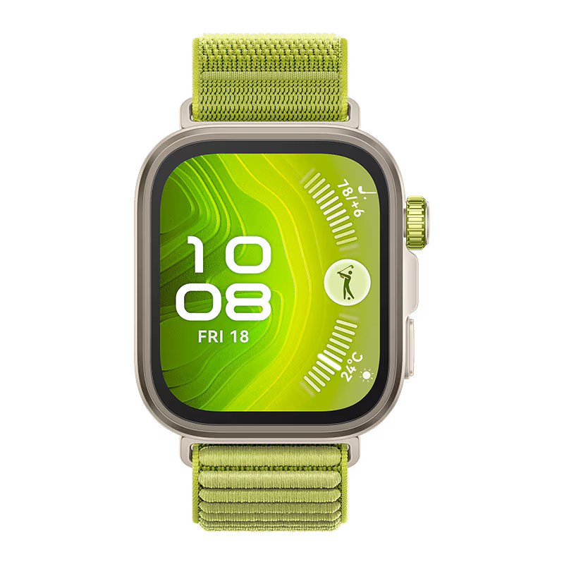Huawei Watch Fit 4 Pro smartwatch in green, front view with AMOLED display.