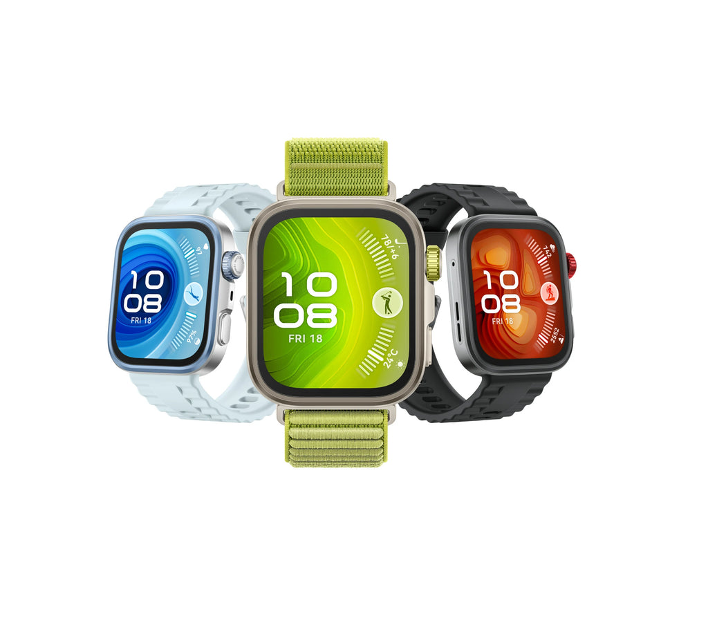 Huawei Watch Fit 4 Pro smartwatches in black, blue, and green color variations.