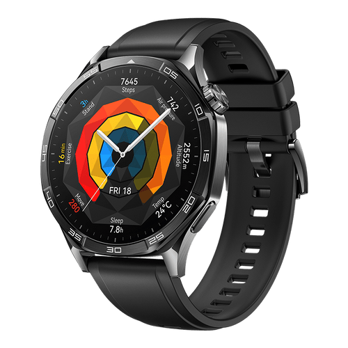 Huawei Watch GT 5 smartwatch in black, angled view showing AMOLED screen.