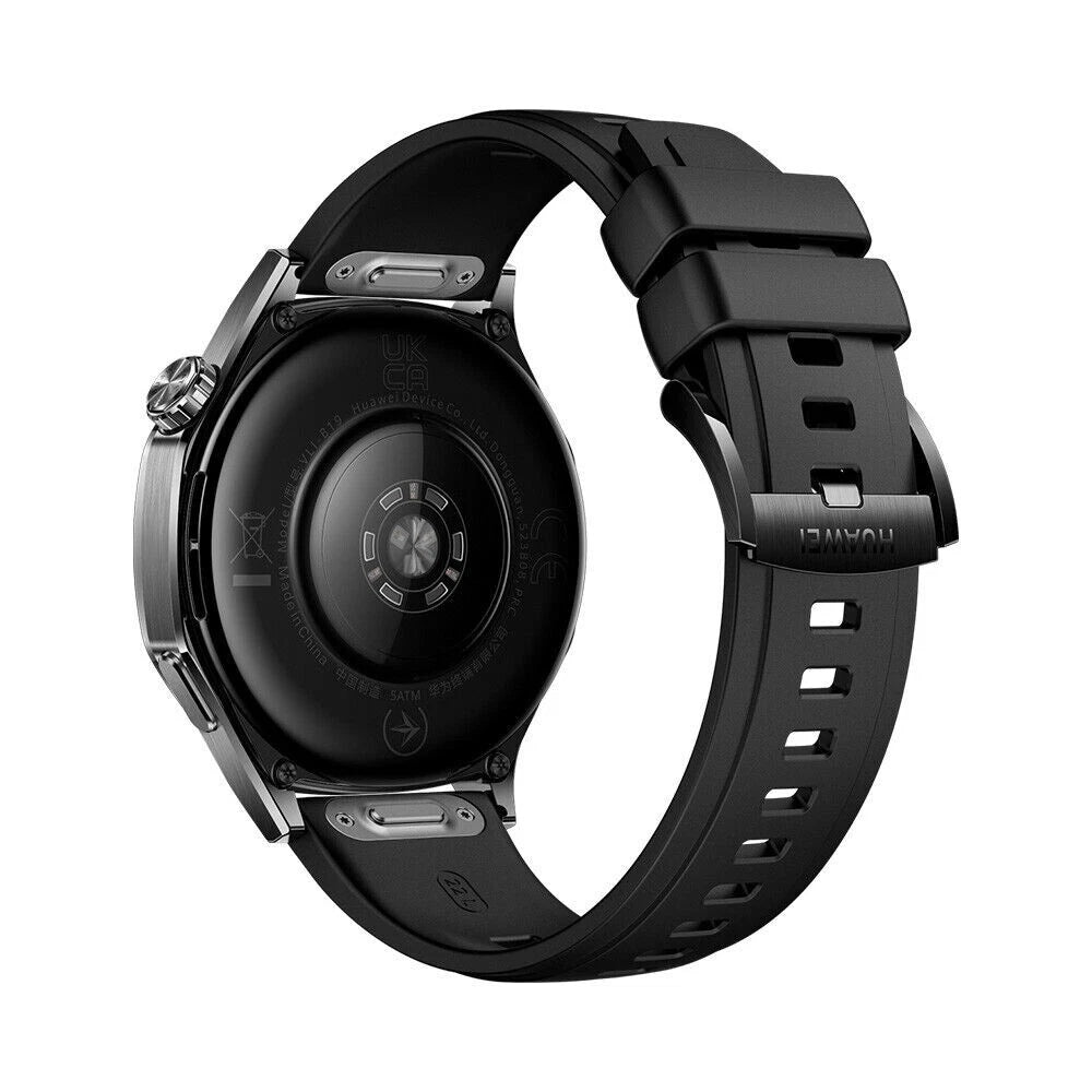 Huawei Watch GT 5 smartwatch in black, rear view with health monitoring sensors.
