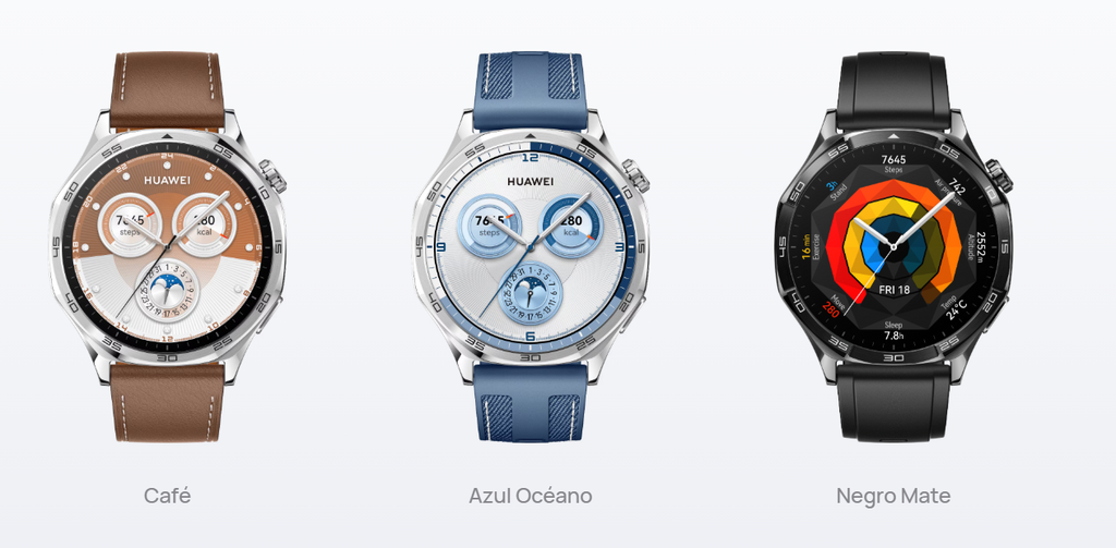 Huawei Watch GT 5 smartwatch lineup in black, brown, and blue strap options.