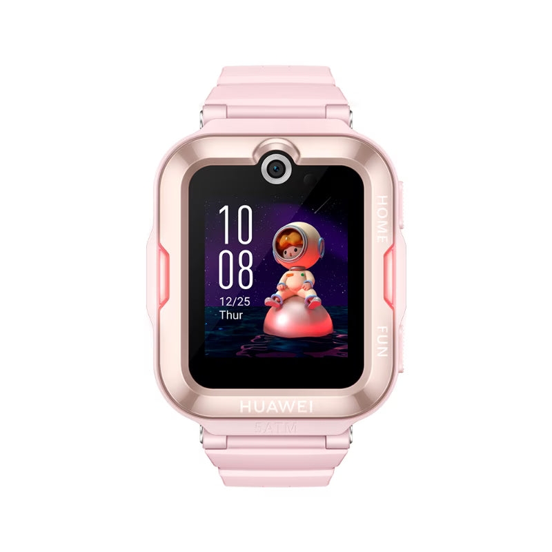 Huawei Watch Kids 4 Pro in pink, front view with digital display on.