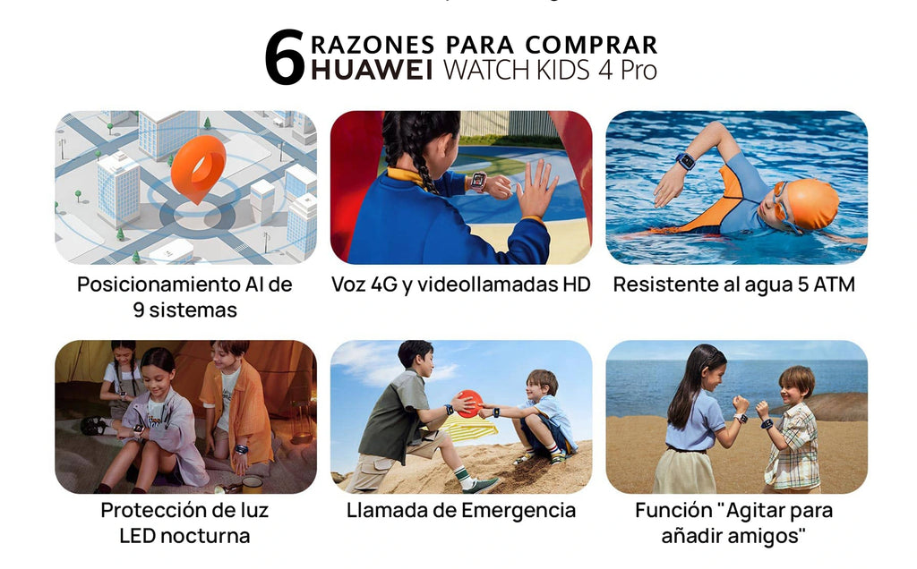 Huawei Watch Kids 4 Pro promotional poster showing GPS, water resistance, and safety