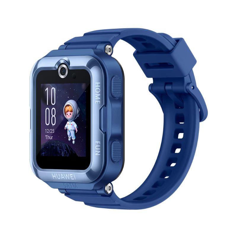 Huawei Watch Kids 4 Pro blue, flat side view highlighting buttons.