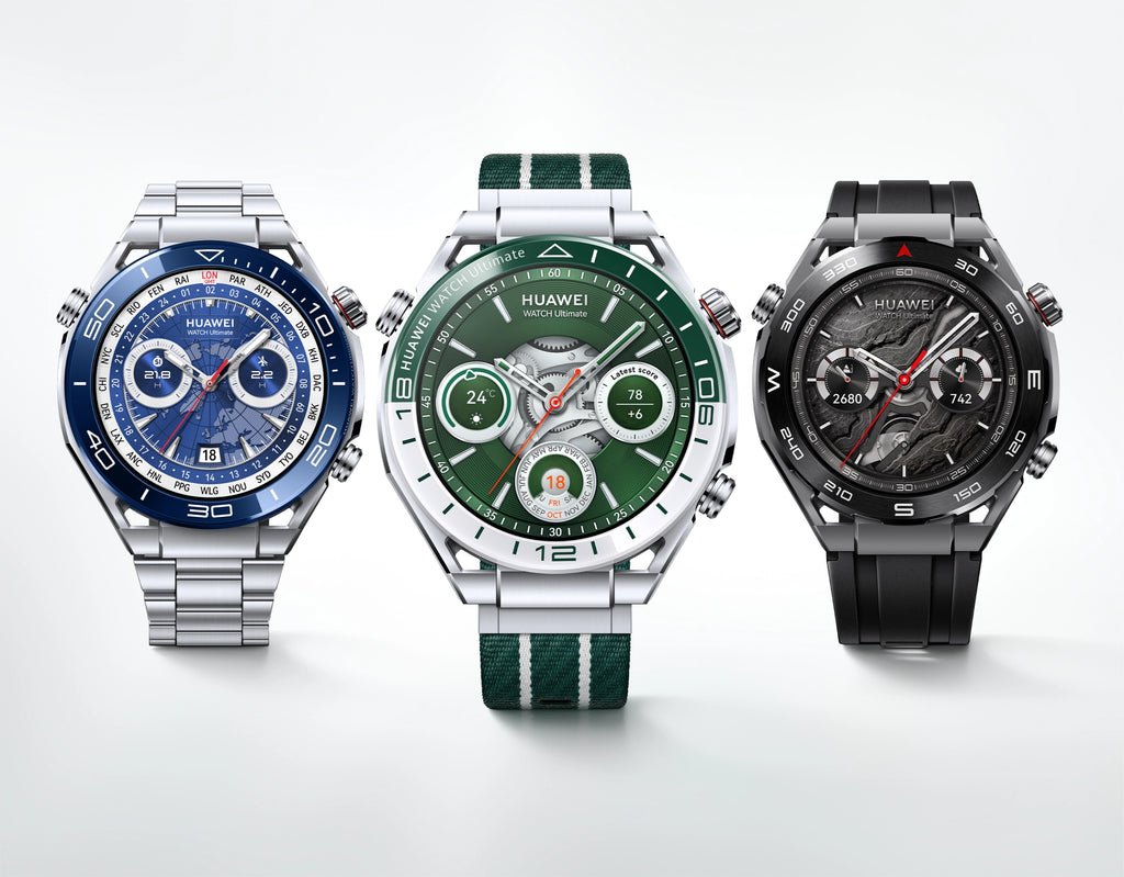 Huawei Watch Ultimate collection in blue, green, and black versions
