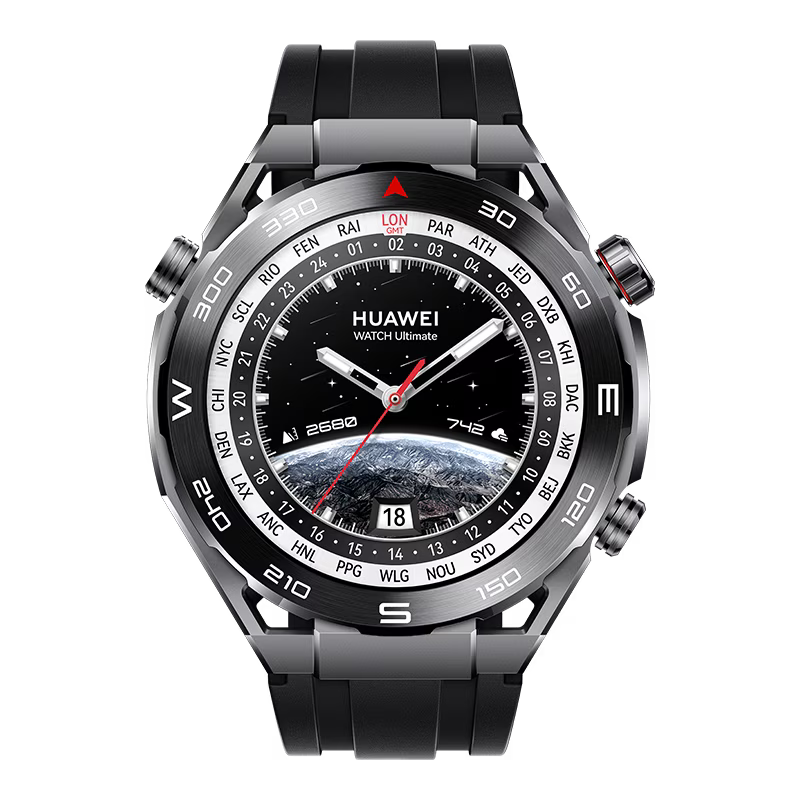 Front view of Huawei Watch Ultimate with black strap and AMOLED display