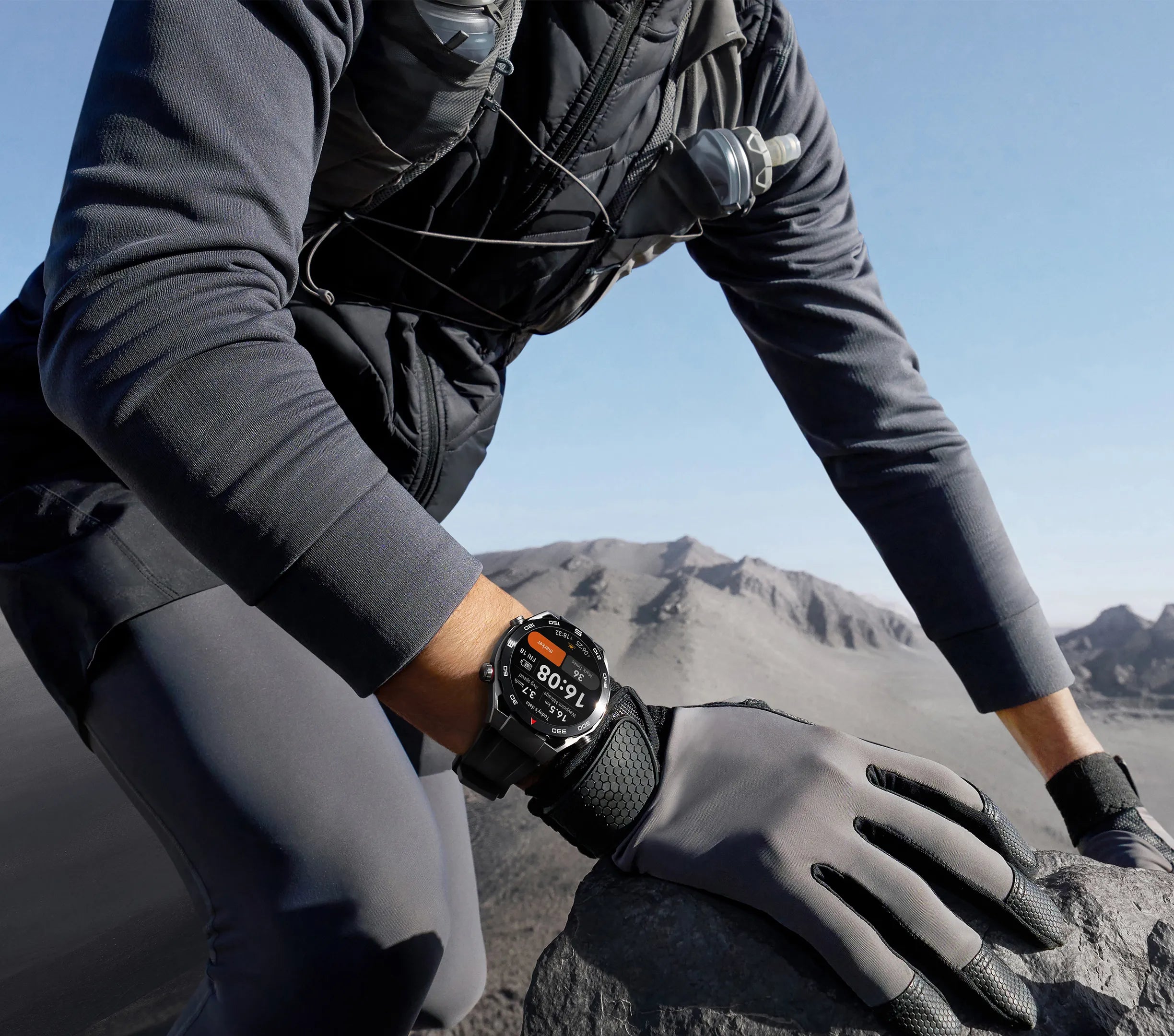 Huawei Watch Ultimate worn by man during outdoor climbing activity